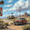 product-image-3-2 An old red car sits abandoned near a weathered Route 66 sign and deserted buildings in a dry, sunlit desert landscape with mesas and power lines. Post apocalyptic art poster available in A1 to A4 sizes.