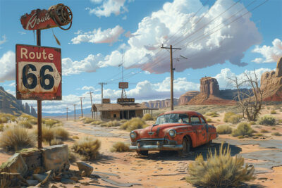 An old red car sits abandoned near a weathered Route 66 sign and deserted buildings in a dry, sunlit desert landscape with mesas and power lines. Post apocalyptic art poster available in A1 to A4 sizes.