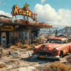 An old, rusted car parked in front of an abandoned Route 66 diner and gas station in a dry, desert landscape under a blue sky. Post apocalyptic art poster available in A1 to A4 sizes.