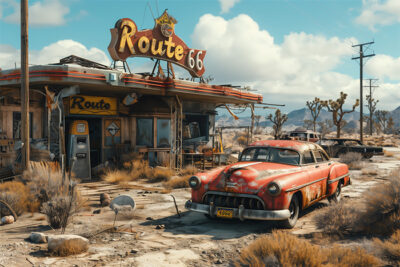 An old, rusted car parked in front of an abandoned Route 66 diner and gas station in a dry, desert landscape under a blue sky. Post apocalyptic art poster available in A1 to A4 sizes.