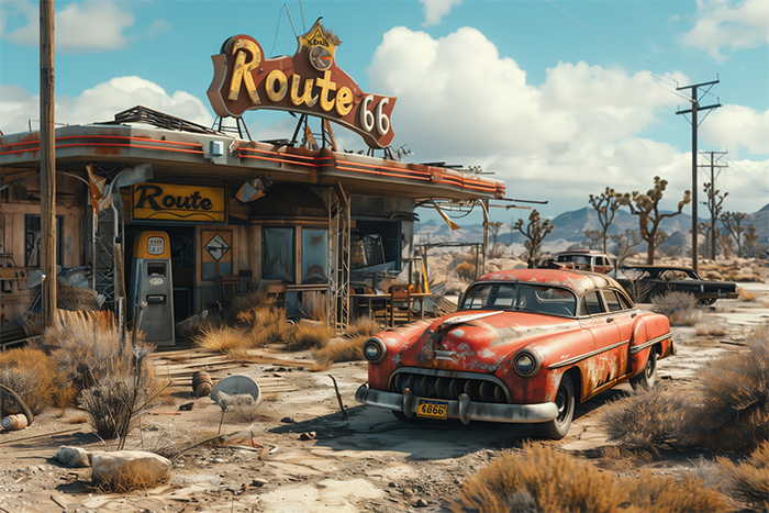 product-image-3-2 An old, rusted car parked in front of an abandoned Route 66 diner and gas station in a dry, desert landscape under a blue sky. Post apocalyptic art poster available in A1 to A4 sizes.