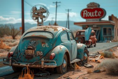 An old, rusted Volkswagen Beetle is parked on a deserted roadside with a Route 66 sign and abandoned gas station in the background. Post apocalyptic art poster available in A1 to A4 sizes.