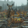 product-image-3-2 A deer stands amid overgrown plants, abandoned cars, and ruined buildings in an urban environment. Post apocalyptic art poster available in A1 to A4 sizes.