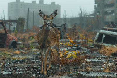 A deer stands amid overgrown plants, abandoned cars, and ruined buildings in an urban environment. Post apocalyptic art poster available in A1 to A4 sizes.