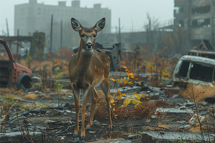 product-image-3-2 A deer stands amid overgrown plants, abandoned cars, and ruined buildings in an urban environment. Post apocalyptic art poster available in A1 to A4 sizes.