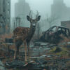 A deer stands amid overgrown weeds and debris in a deserted urban area with damaged buildings and an abandoned car in the background. Post apocalyptic art poster available in A1 to A4 sizes.