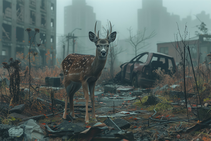 A deer stands amid overgrown weeds and debris in a deserted urban area with damaged buildings and an abandoned car in the background. Post apocalyptic art poster available in A1 to A4 sizes.