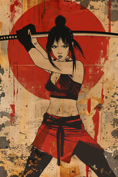 Illustration of a fierce woman holding a katana in a combat stance, with a red sun circle and splattered paint background. Oriental warrior poster available in A1 to A4 sizes.