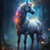 A white unicorn with a glowing horn and rainbow-colored mane stands in a mystical, dimly lit forest with floating lights. Unicorn art poster available in A1 to A4 sizes.
