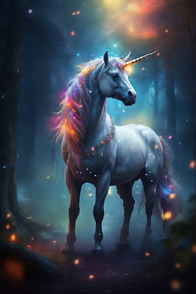 A white unicorn with a glowing horn and rainbow-colored mane stands in a mystical, dimly lit forest with floating lights. Unicorn art poster available in A1 to A4 sizes.
