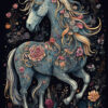 A detailed illustration of a blue unicorn with a golden mane, decorated with colourful flowers and leaves, standing against a dark background with floral elements. Unicorn art poster available in A1 to A4 sizes.