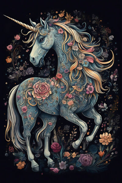 A detailed illustration of a blue unicorn with a golden mane, decorated with colourful flowers and leaves, standing against a dark background with floral elements. Unicorn art poster available in A1 to A4 sizes.