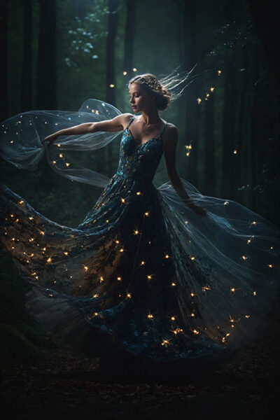 Woman in a dark, wooded forest wears a long, flowing dress adorned with small glowing lights, creating an ethereal, magical effect as she twirls. Woodland faerie poster available in A1 to A4 sizes.