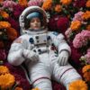 An astronaut in a white spacesuit lies with eyes closed among vibrant orange, pink, and purple flowers. Floral astronaut poster available in A1 to A4 sizes.