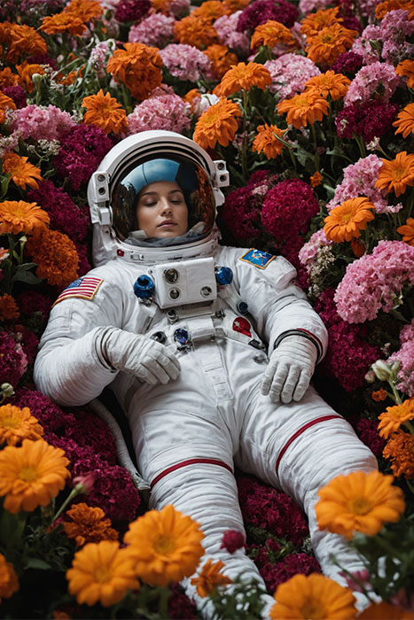 An astronaut in a white spacesuit lies with eyes closed among vibrant orange, pink, and purple flowers. Floral astronaut poster available in A1 to A4 sizes.