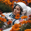An astronaut in a white spacesuit with a U.S. flag patch lies among orange flowers with eyes closed, surrounded by blooming plants. Floral astronaut poster available in A1 to A4 sizes.