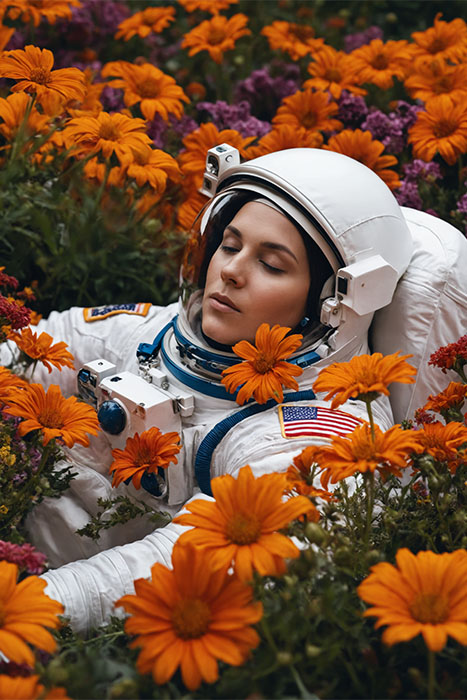 product-image An astronaut in a white spacesuit with a U.S. flag patch lies among orange flowers with eyes closed, surrounded by blooming plants. Floral astronaut poster available in A1 to A4 sizes.