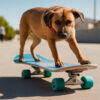 A brown dog with a red collar stands with its front paws on a blue skateboard on a sunny outdoor pavement. Skateboarding dog poster available in A1 to A4 sizes.