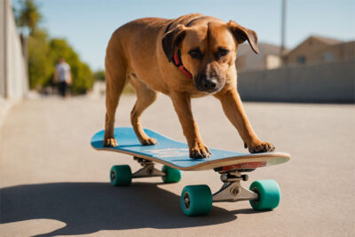 A brown dog with a red collar stands with its front paws on a blue skateboard on a sunny outdoor pavement. Skateboarding dog poster available in A1 to A4 sizes.