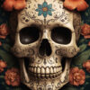 Ornately decorated skull with floral patterns, surrounded by orange flowers and green leaves on a dark background. Skull art poster available in A1 to A4 sizes.