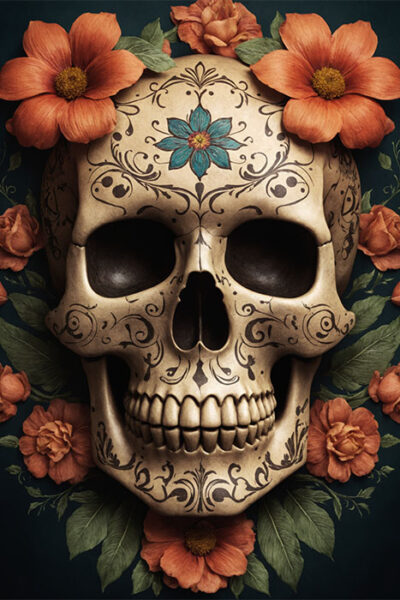 Ornately decorated skull with floral patterns, surrounded by orange flowers and green leaves on a dark background. Skull art poster available in A1 to A4 sizes.