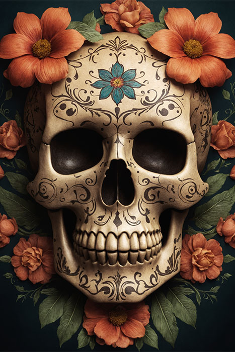 product-image Ornately decorated skull with floral patterns, surrounded by orange flowers and green leaves on a dark background. Skull art poster available in A1 to A4 sizes.