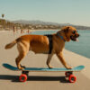 A brown dog wearing sunglasses and a harness rides a skateboard along a sunny beach boardwalk, with people and palm trees in the background. Skateboarding dog poster available in A1 to A4 sizes.
