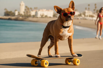 A dog wearing red sunglasses stands on a skateboard on a sunny beachside path, with buildings and a person in the background. Skateboarding dog poster available in A1 to A4 sizes.