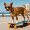 A brown dog wearing sunglasses stands on a skateboard on a paved path near the beach, with people and buildings in the background. Skateboarding dog poster available in A1 to A4 sizes.