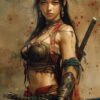 A woman in fantasy warrior attire stands with two swords, wearing armour, jewelry, and a red sash, against a textured background with red splatters. Fantasy art poster available in A1 to A4 sizes.