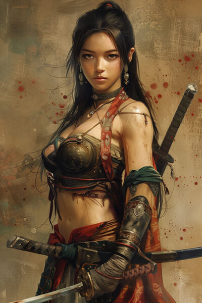 A woman in fantasy warrior attire stands with two swords, wearing armour, jewelry, and a red sash, against a textured background with red splatters. Fantasy art poster available in A1 to A4 sizes.
