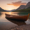 A wooden rowboat rests on the shore of a calm lake at sunset, surrounded by mountains and pine trees. Nature and landscape print available in A1 to A4 sizes.