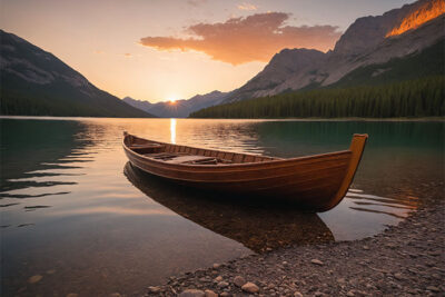 A wooden rowboat rests on the shore of a calm lake at sunset, surrounded by mountains and pine trees. Nature and landscape print available in A1 to A4 sizes.