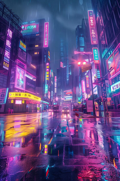 A neon-lit city street at night in the rain, with colourful signs in various languages reflecting on wet pavement and a few cars in the distance. Cyberpunk art poster available in A1 to A4 sizes.