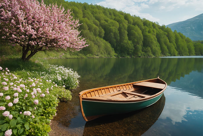 product-image A wooden rowboat is docked on the shore of a calm lake beside blooming pink and white flowers, with green forested hills in the background. Nature and landscape print available in A1 to A4 sizes.