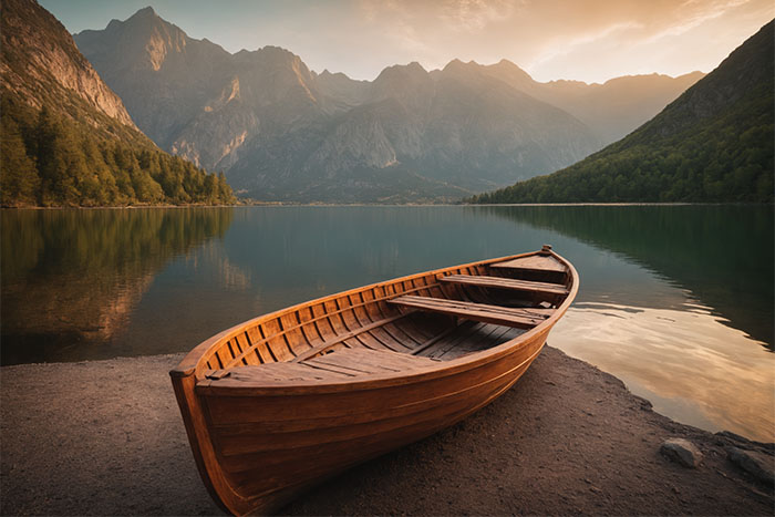A wooden rowboat rests on the shore of a calm lake, surrounded by forested mountains under a soft, golden sunset. Nature and landscape print available in A1 to A4 sizes.
