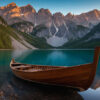 A wooden boat is docked on a calm mountain lake, surrounded by evergreen forests and rocky peaks illuminated by the setting sun. Nature and landscape print available in A1 to A4 sizes.