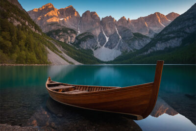 A wooden boat is docked on a calm mountain lake, surrounded by evergreen forests and rocky peaks illuminated by the setting sun. Nature and landscape print available in A1 to A4 sizes.