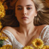 A woman with long blonde hair lies among yellow flowers, wearing a white lace top and looking directly at the camera. Wall art print available in A1 to A4 sizes.