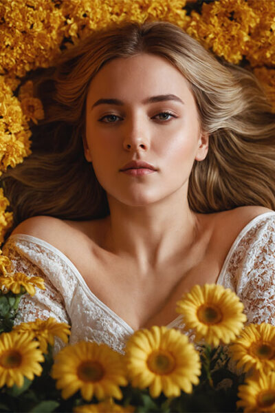A woman with long blonde hair lies among yellow flowers, wearing a white lace top and looking directly at the camera. Wall art print available in A1 to A4 sizes.
