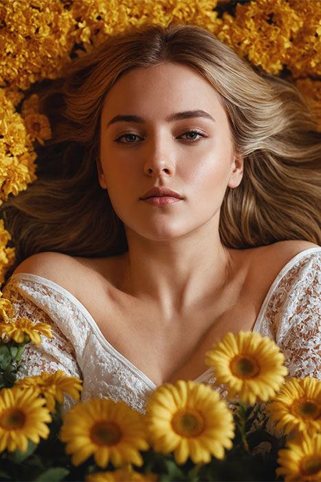 product-image A woman with long blonde hair lies among yellow flowers, wearing a white lace top and looking directly at the camera. Wall art print available in A1 to A4 sizes.