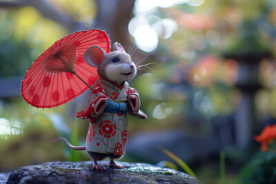 A mouse wearing a floral kimono holds a red parasol, standing outdoors with blurred greenery and flowers in the background. Cute Geisha mouse poster available in A1 to A4 sizes.