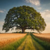 A large oak tree stands in the centre of a wheat field, with a grassy path leading toward it under a partly cloudy sky. Nature and landscape print available in A1 to A4 sizes.