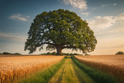 A large oak tree stands in the centre of a wheat field, with a grassy path leading toward it under a partly cloudy sky. Nature and landscape print available in A1 to A4 sizes.