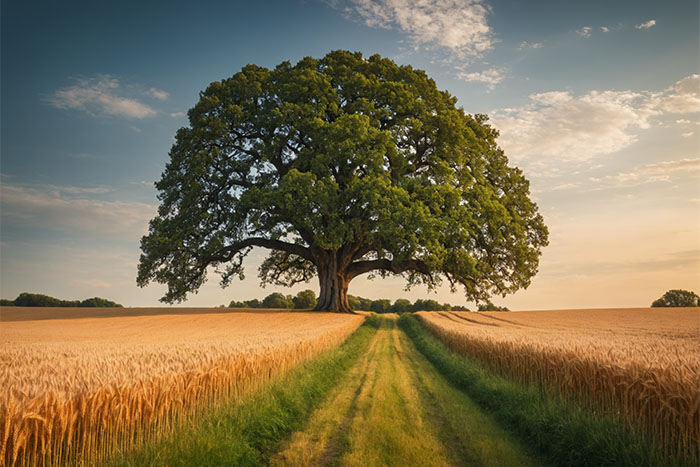 product-image A large oak tree stands in the centre of a wheat field, with a grassy path leading toward it under a partly cloudy sky. Nature and landscape print available in A1 to A4 sizes.