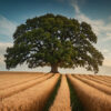 A large oak tree stands alone in the middle of a golden wheat field, with evenly spaced rows leading toward it under a partly cloudy sky. Nature and landscape print available in A1 to A4 sizes.
