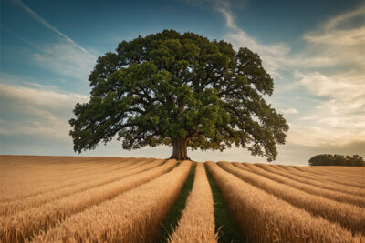 A large oak tree stands alone in the middle of a golden wheat field, with evenly spaced rows leading toward it under a partly cloudy sky. Nature and landscape print available in A1 to A4 sizes.