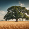 A large oak tree stands alone in the middle of a golden wheat field under a partly cloudy sky. Nature and landscape print available in A1 to A4 sizes.