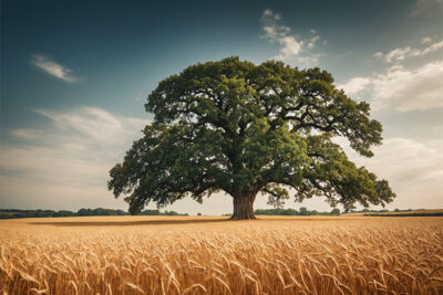 A large oak tree stands alone in the middle of a golden wheat field under a partly cloudy sky. Nature and landscape print available in A1 to A4 sizes.