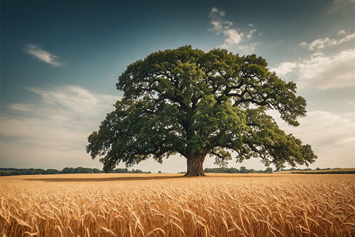 product-image A large oak tree stands alone in the middle of a golden wheat field under a partly cloudy sky. Nature and landscape print available in A1 to A4 sizes.